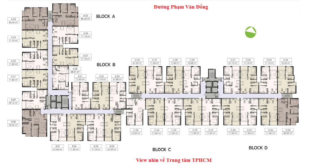 Mặt bằng tầng 4-14 điển hình là các căn hộ diện tích từ 58-67-71-84-96m2